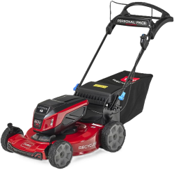 A sporty looking red lawn mower, looks like it cuts grass pretty well actually