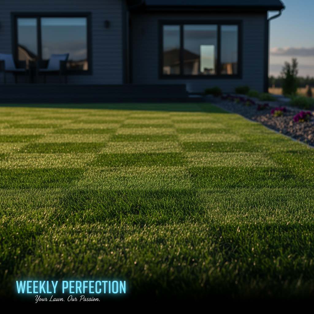 an augmented checkerboard mowing pattern in a backyard lawn - to show precision