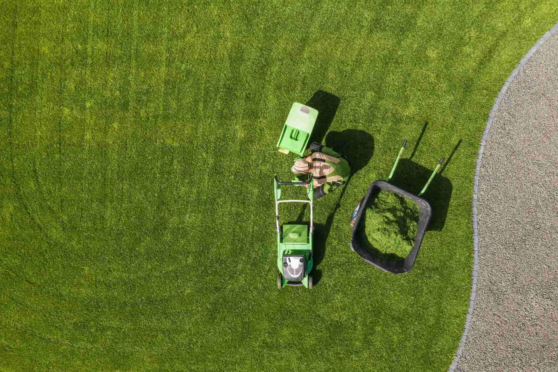 background image, aerial perspective, of a green lawn, a kneeled over person gathering grass clippings, a wheel barrow filled with grass clippings, and everything is colored green to match the grass-theme; green mower, green wheelbarrow handles, green grass catcher attachment, green overalls, green gloves. You can call 972-777-1623 to get a mowing quote. We'll set up your mowing service with you over the phone. North, West, and East DFW.