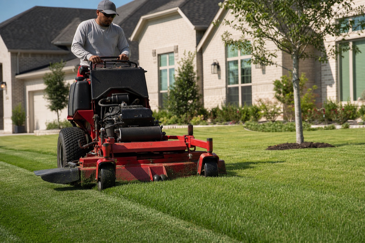 Mowing Best crew member mowing a North Texas residential lawn