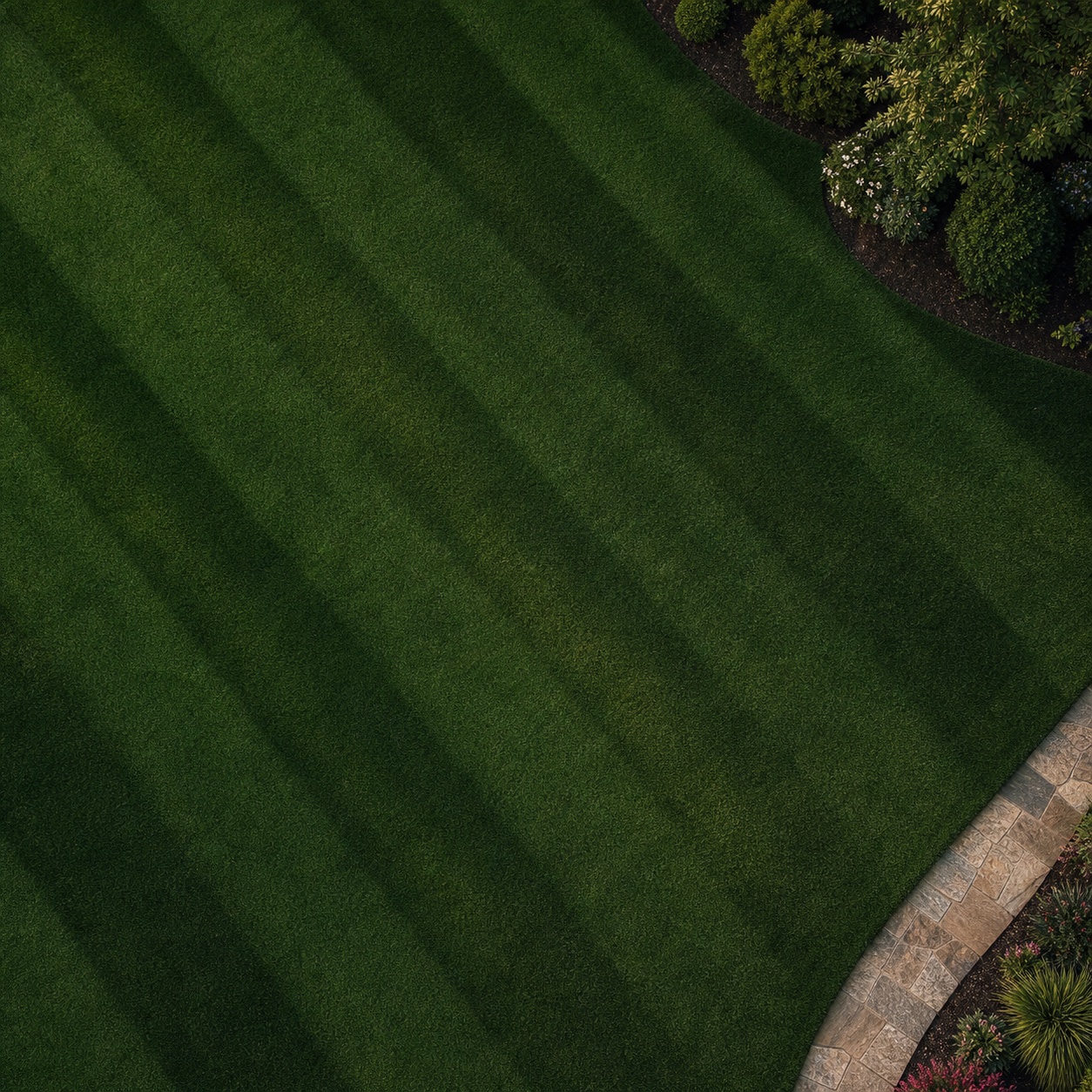 Striped green lawn with neatly trimmed bushes and a stone pathway on the right side.