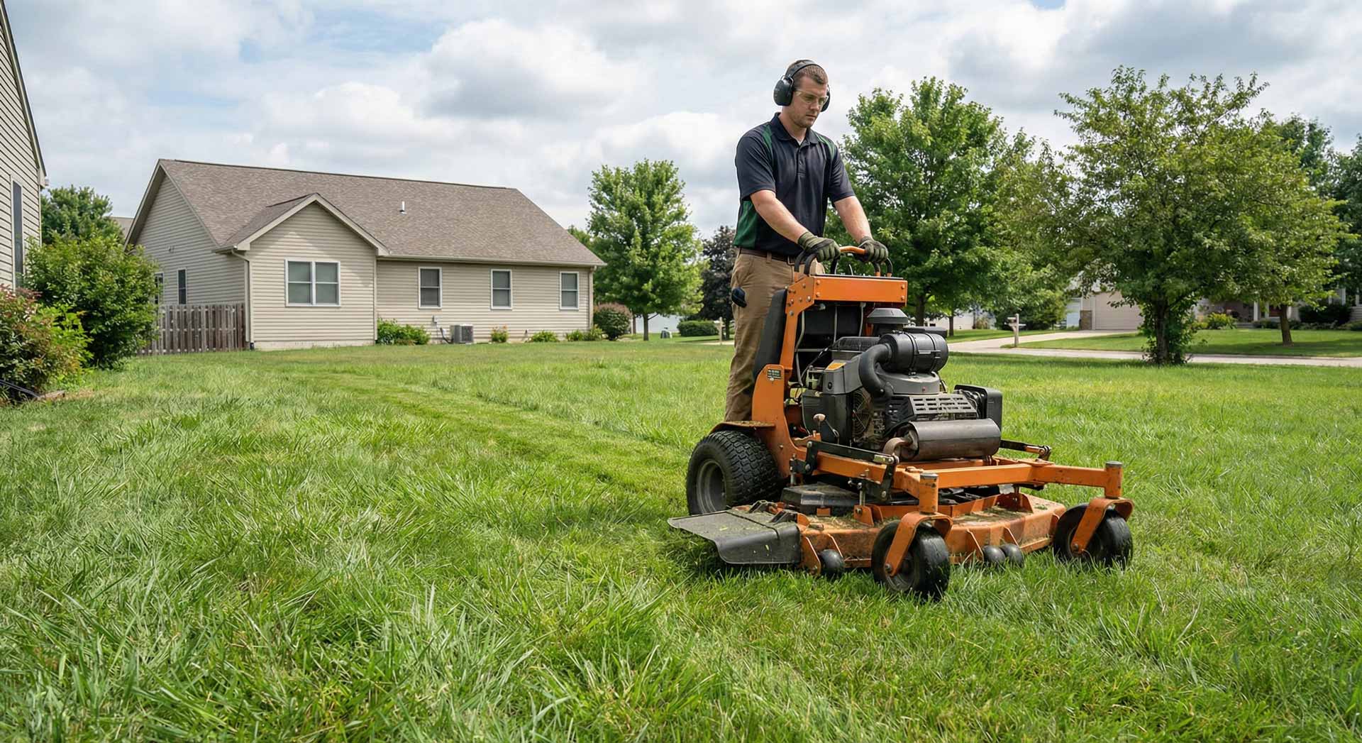 A lawn care professional creating a clean edge along a sidewalk