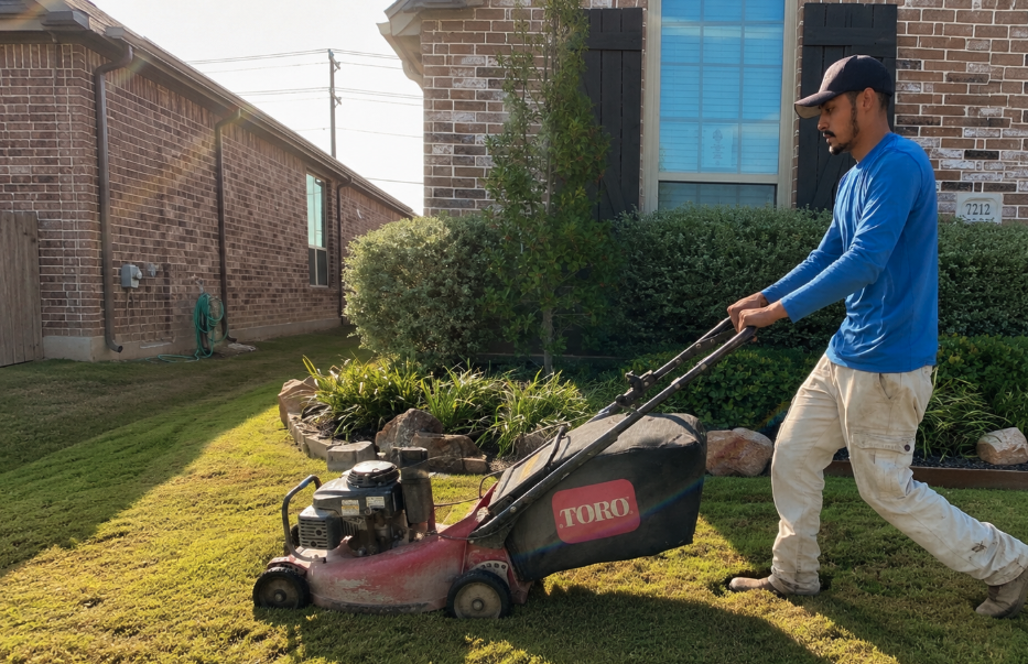 Mowing Best team member trimming shrubs at a North Texas home