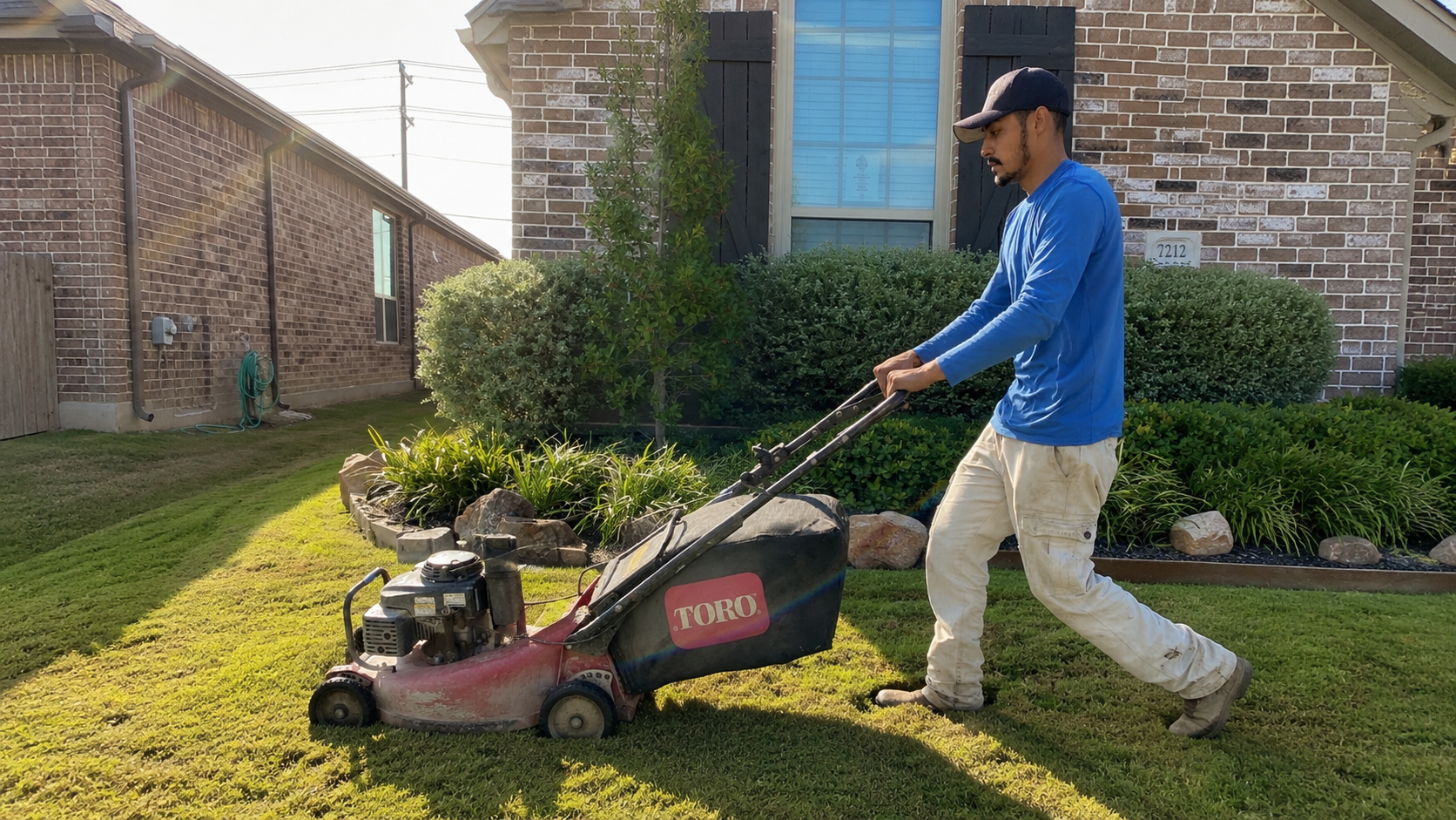 Close view of a lawn mower cutting a North Texas residential lawn