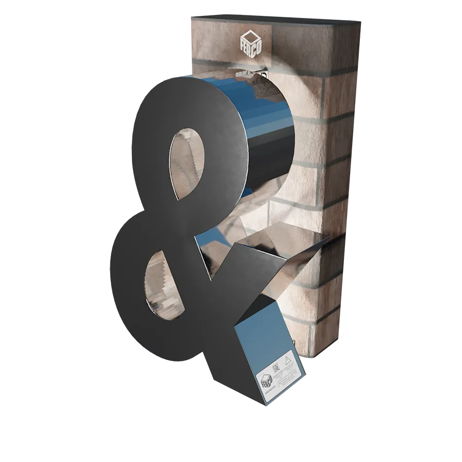 Modelo 3D de letra de canal (forma) "&" elaborada con el método "Canteado metálico" apoyada sobre pared de ladrillo