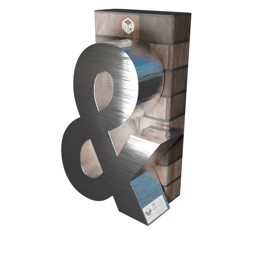 Modelo 3D de letra de canal (forma) "&" elaborada con el método "Canteado metálico" apoyada sobre pared de ladrillo