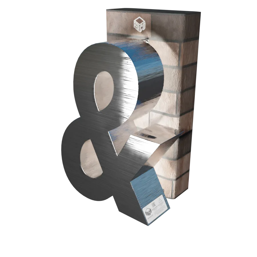 Modelo 3D de letra de canal (forma) "&" elaborada con el método "Canteado metálico" apoyada sobre pared de ladrillo