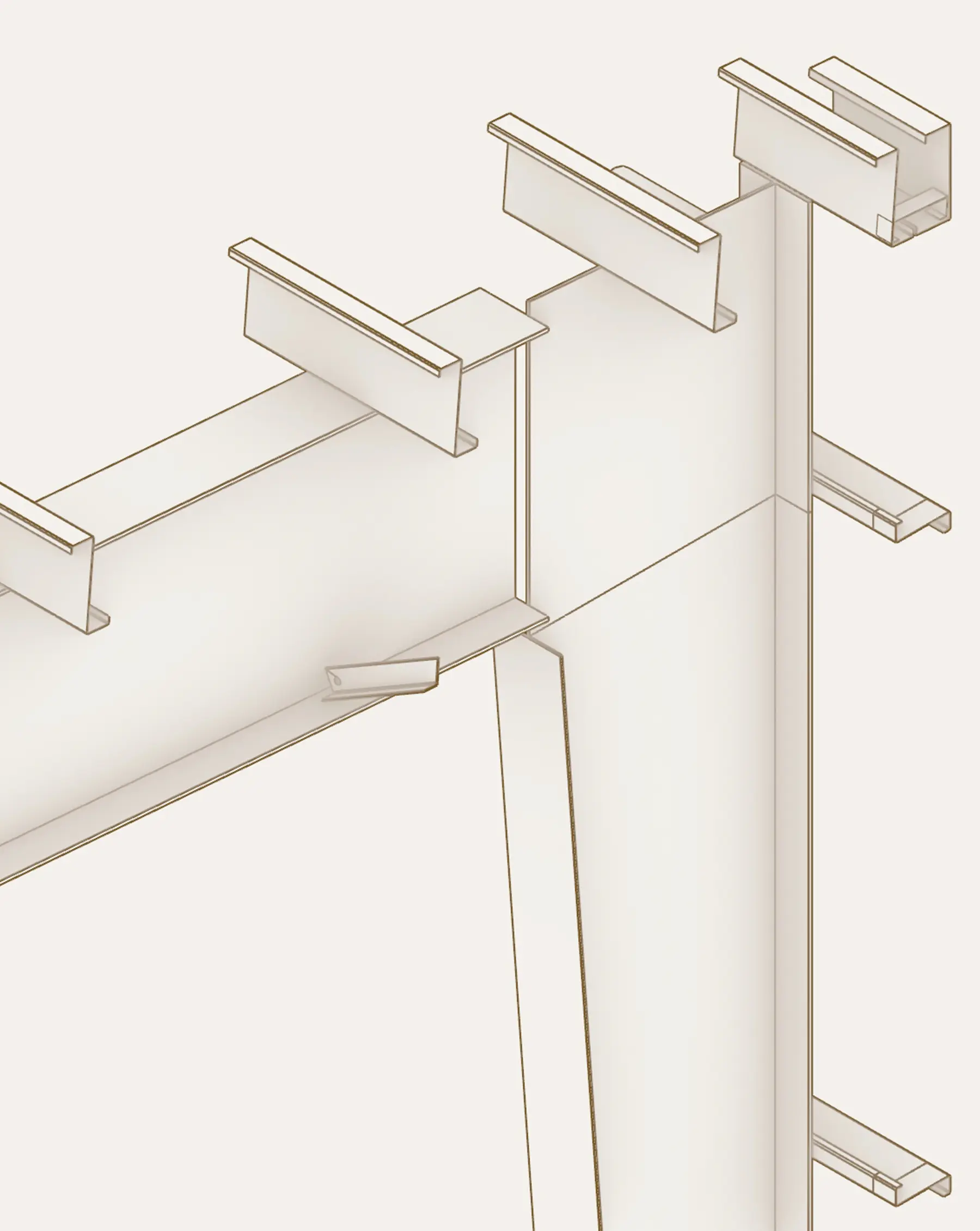 Refined engineering detail showing a developed structural steel connection during design development