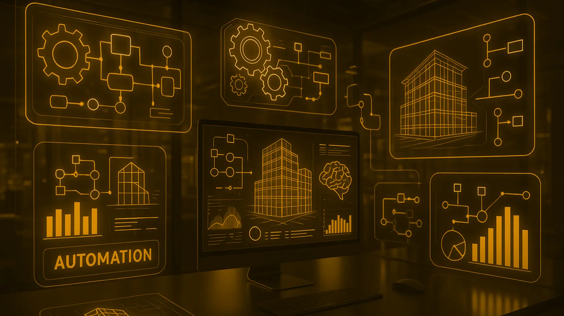 Digital workflow interface with building data and automation diagrams representing AEC process automation and system integration