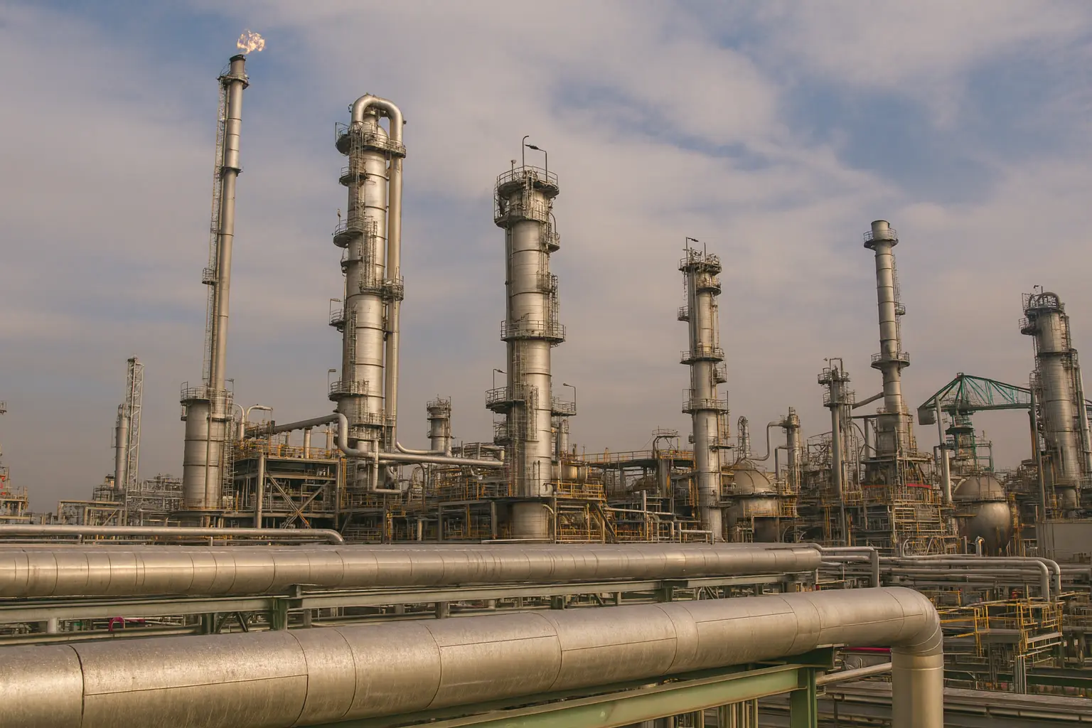 Industrial oil and gas facility with process towers and piping, representing technical and operational support services