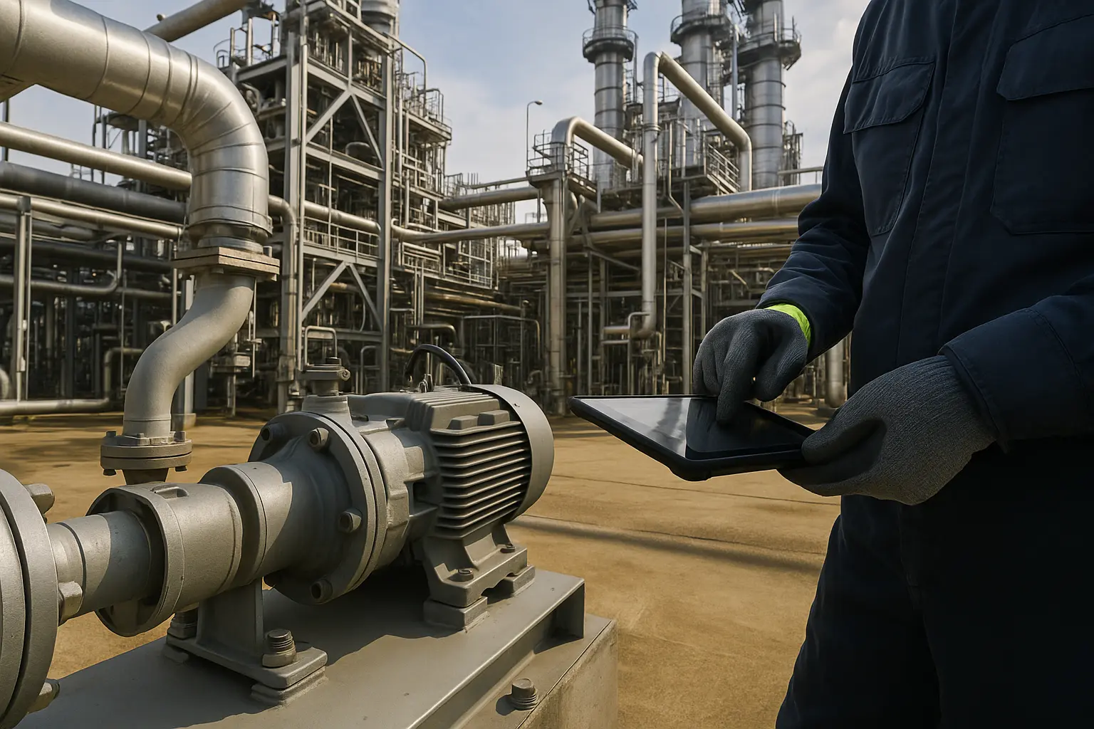 Technician using a tablet in an industrial plant, representing maintenance transformation and asset reliability services