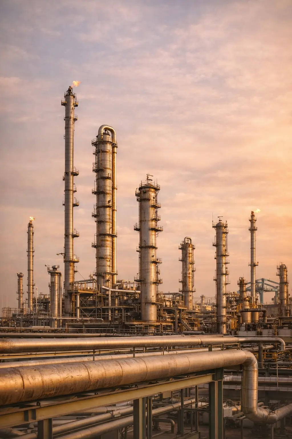 Oil and gas processing facility with towers and pipelines representing technical support for industrial operations
