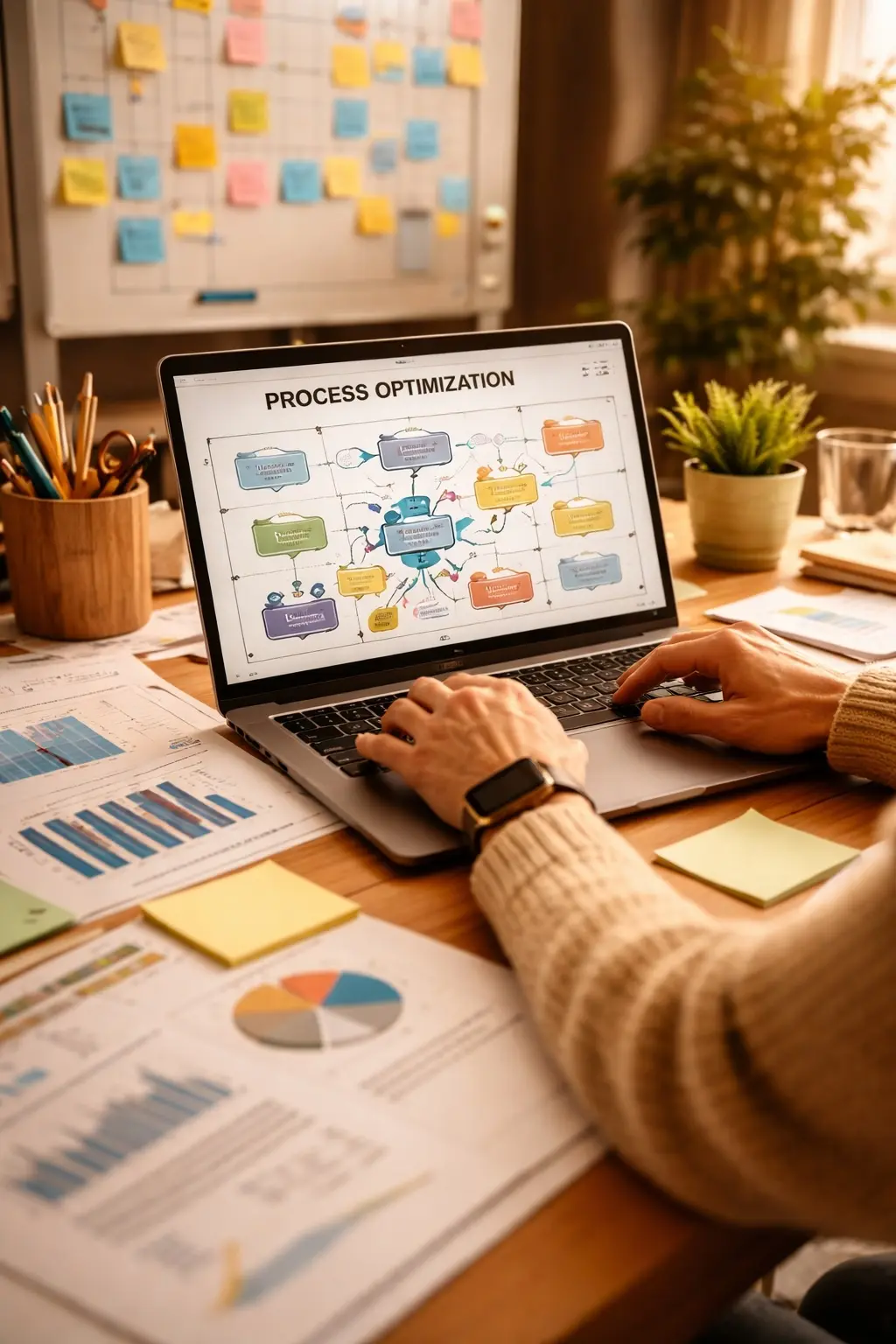 Process optimization workspace showing workflow mapping, performance charts, and continuous improvement planning