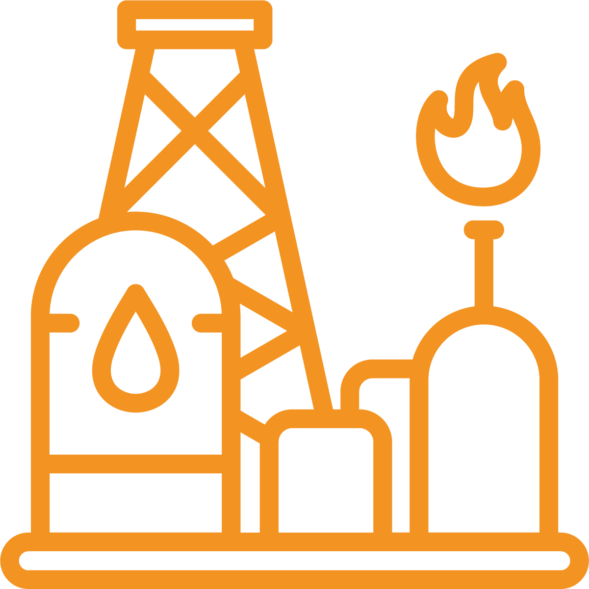 Oil and gas facilities icon with drilling tower, storage tank, and flame