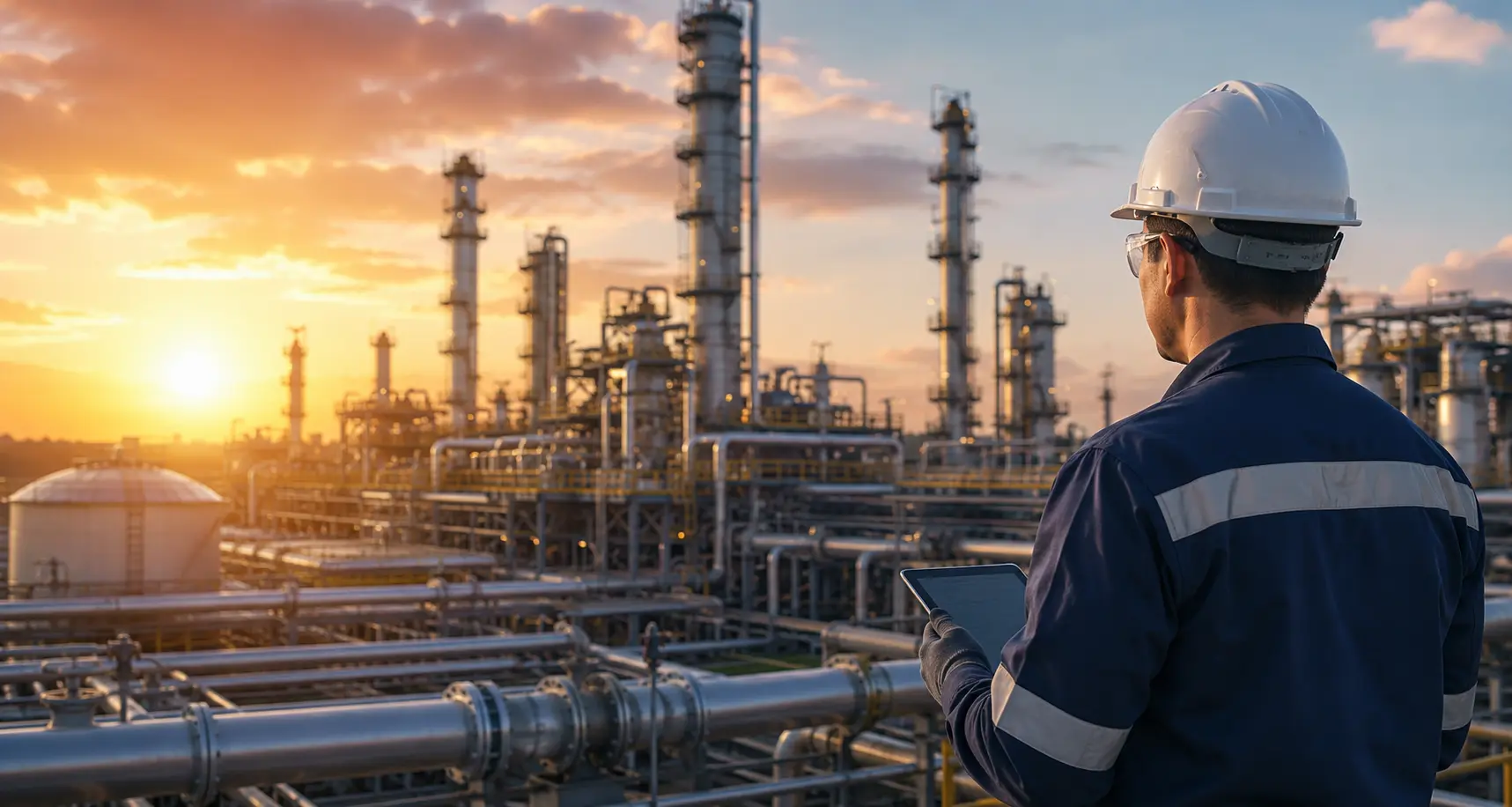 Engineer reviewing industrial equipment data and documentation, representing technical assurance, FAT/SAT, and commissioning support