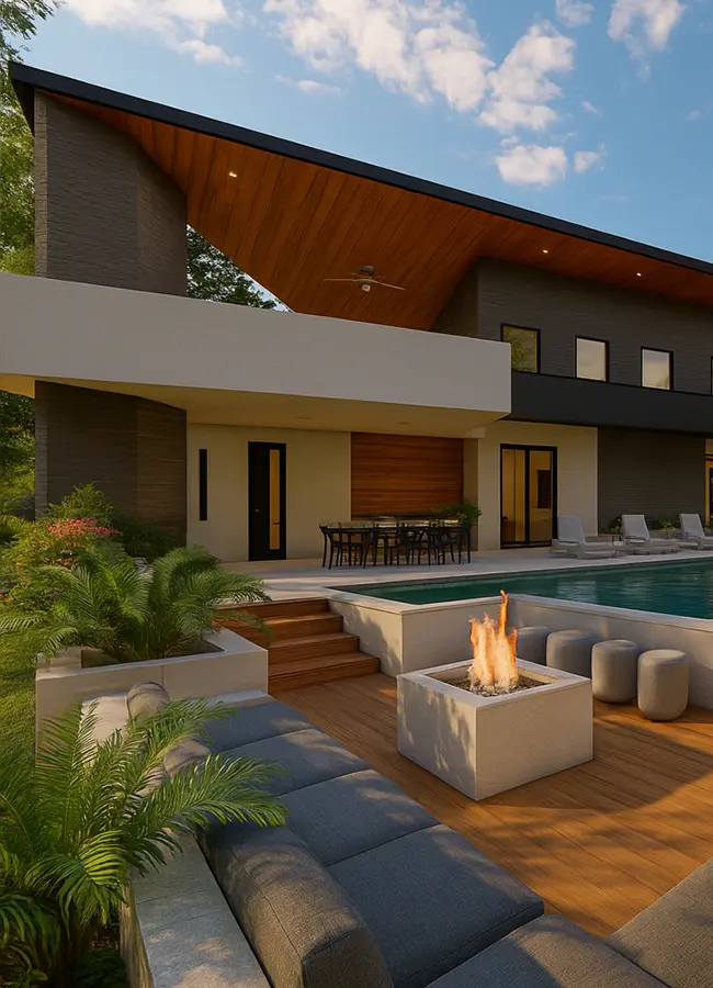 modern residential architecture exterior with pool and terrace