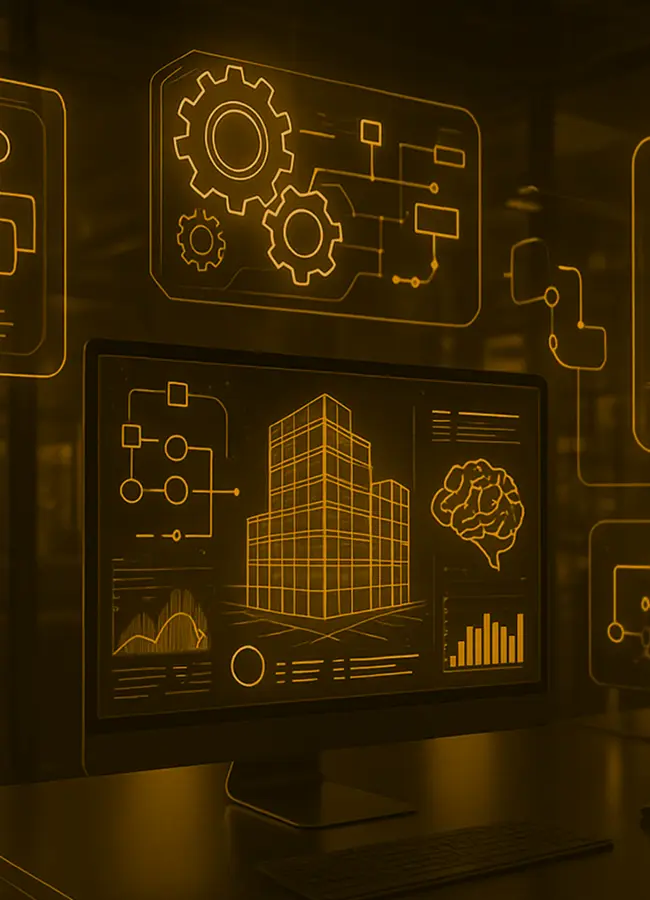 aec automation dashboard with building data and workflow integration graphics 