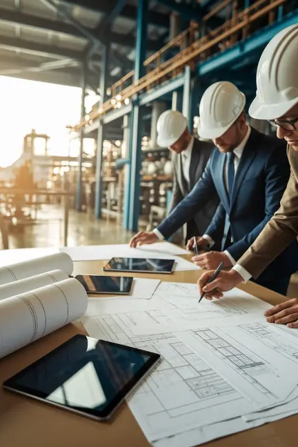 Illustration of technical asset information management services, focusing on data traceability, vendor dossiers, and asset hierarchies for industrial and oil & gas projects.