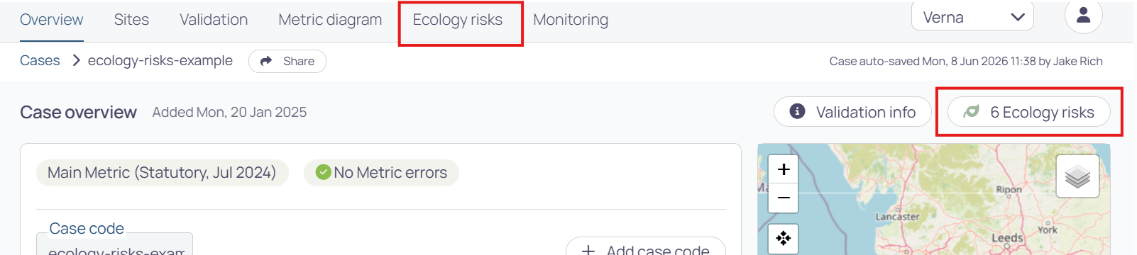 A Mycelia case overview page with the Ecology risks button above the map and the Ecology risks tab in the top navigation menu both highlighted.