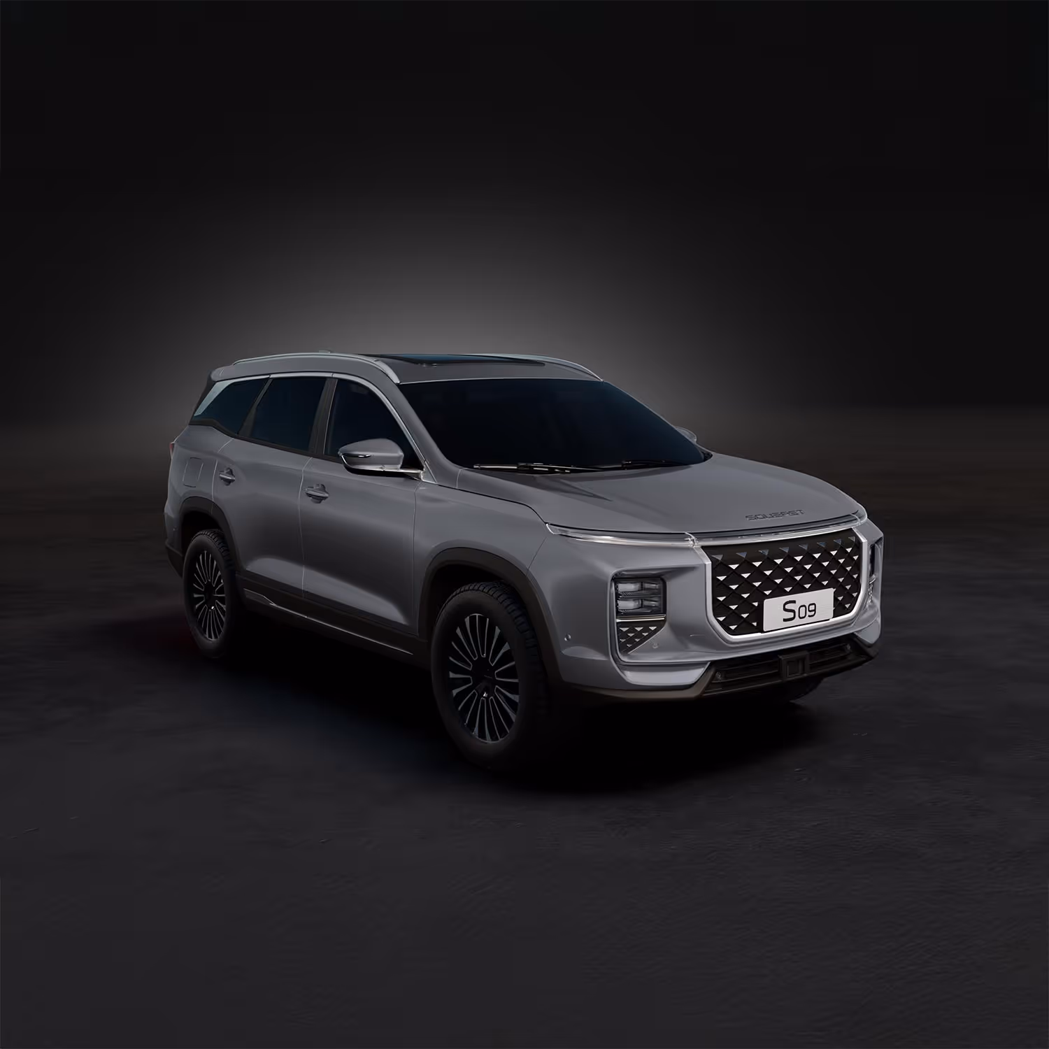 Carro Soueast modelo S09 vista frontal diagonal del color gris fantasma