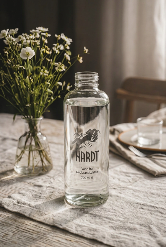 En åpen glassflaske med vann merket HARDT på et bord med en lys duk, med en vase med hvite blomster til venstre og et dekket bord med tallerken, kopp og bestikk til høyre.
