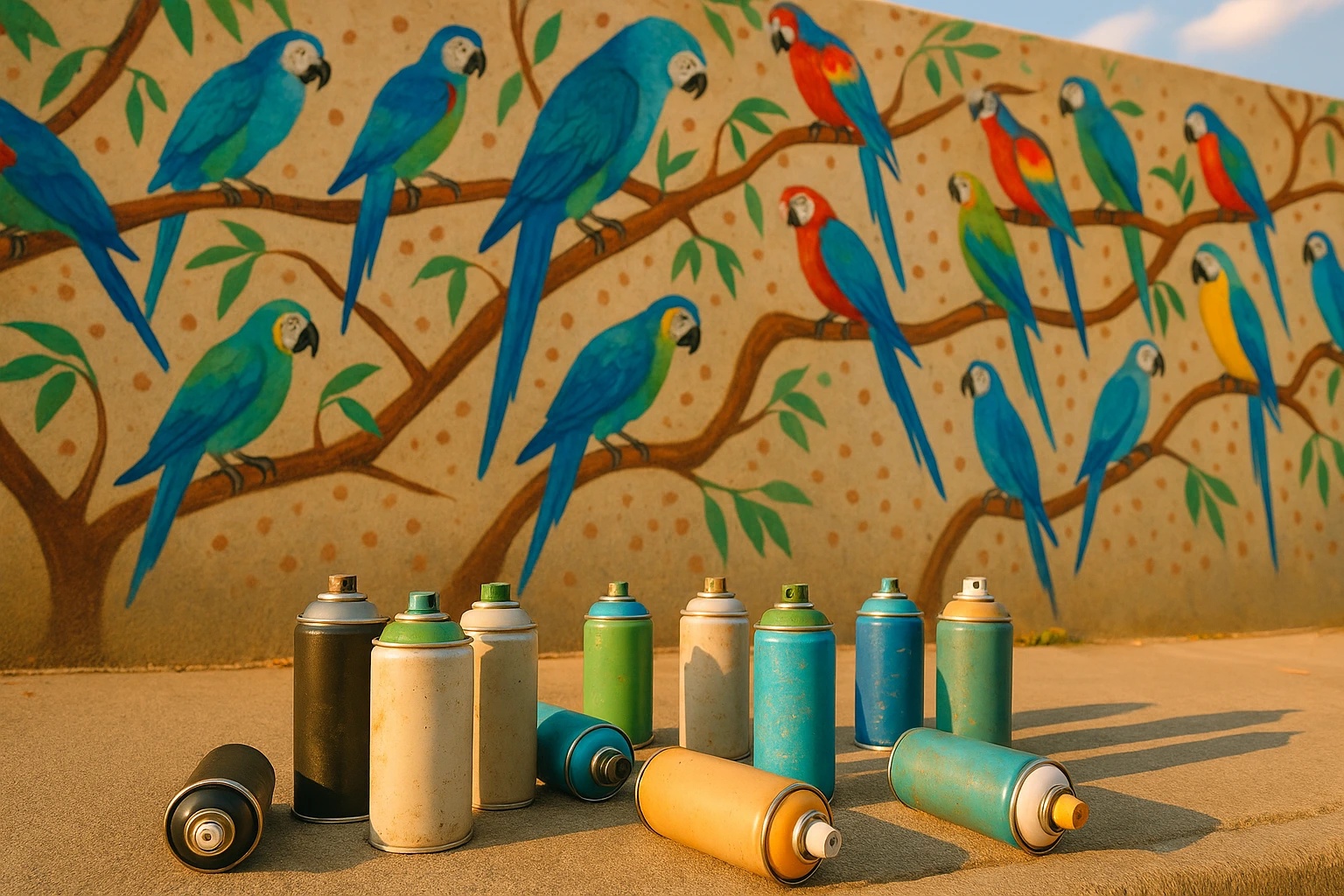 birds on a retaining wall painted mural