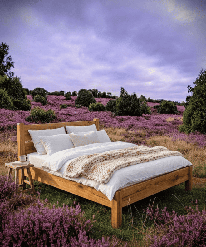 Schlafzimmer mit Doppelbett, gelber Tagesdecke, weißen Handtüchern und stilvollen Wandbildern – gemütlich und modern eingerichtet