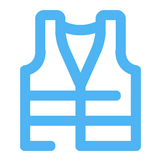 Blue icon of a life jacket with two horizontal straps and a V-shaped neckline.