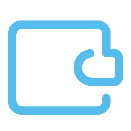Blue outline of a wallet icon with a flap on the right side.