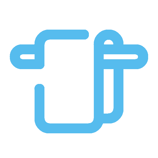 Blue icon of a folded towel with a hanging towel on a rod.