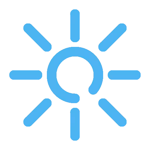 Blue sun icon with eight rays evenly spaced around a circular center.