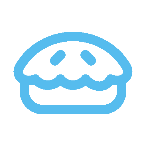 Simple blue icon of a pie with a scalloped crust and two steam lines on top.