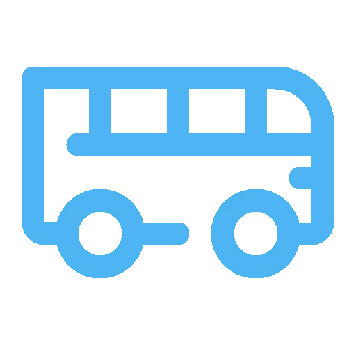 Blue icon of a bus with three windows and two wheels on a black background.