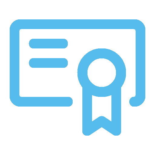 Blue icon of a certificate with a ribbon on the right side.