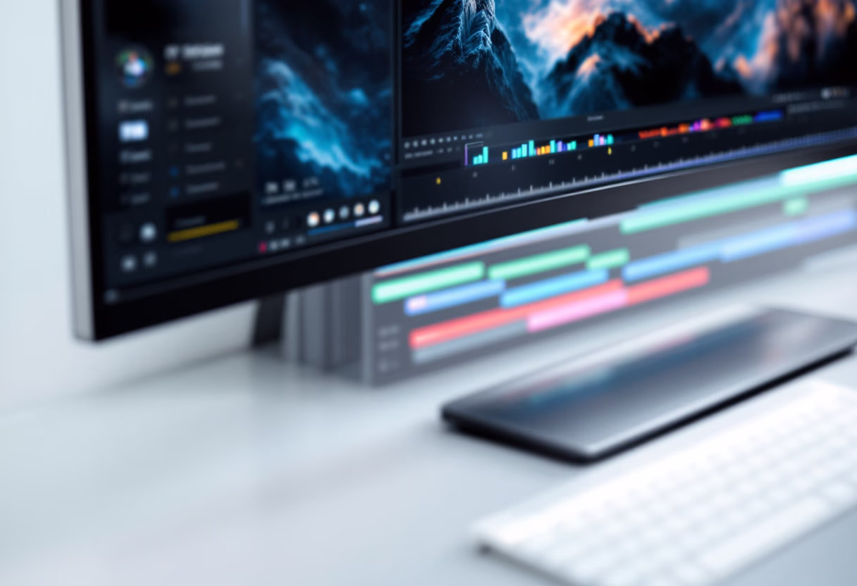 image of a film production company's state-of-the-art video editing setup with a focus on interface