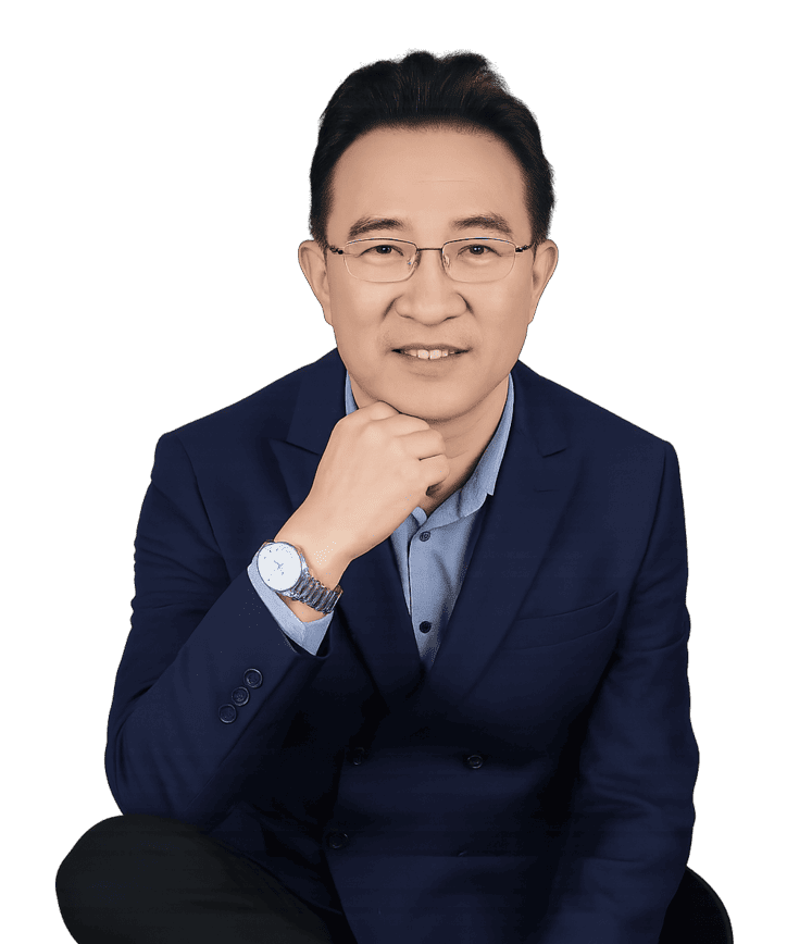 Dr theerapong sitting down had on chin. transparent background and blue suit