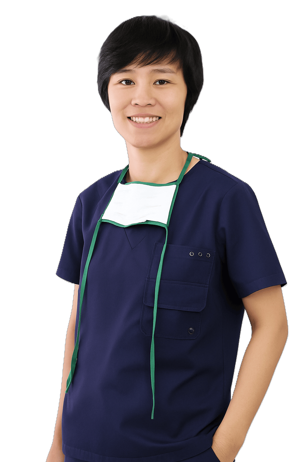 Dr Yok in scrubs standing up
