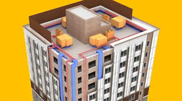 Modern building with HSL decarbonization technology that reduces emissions without disrupting tenant operations