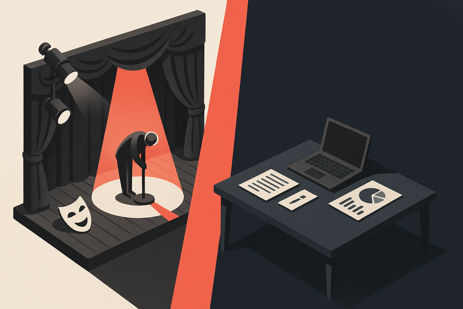 Illustration showing interview performance theater - candidate and interviewer both acting out rehearsed roles rather than evaluating real work capability