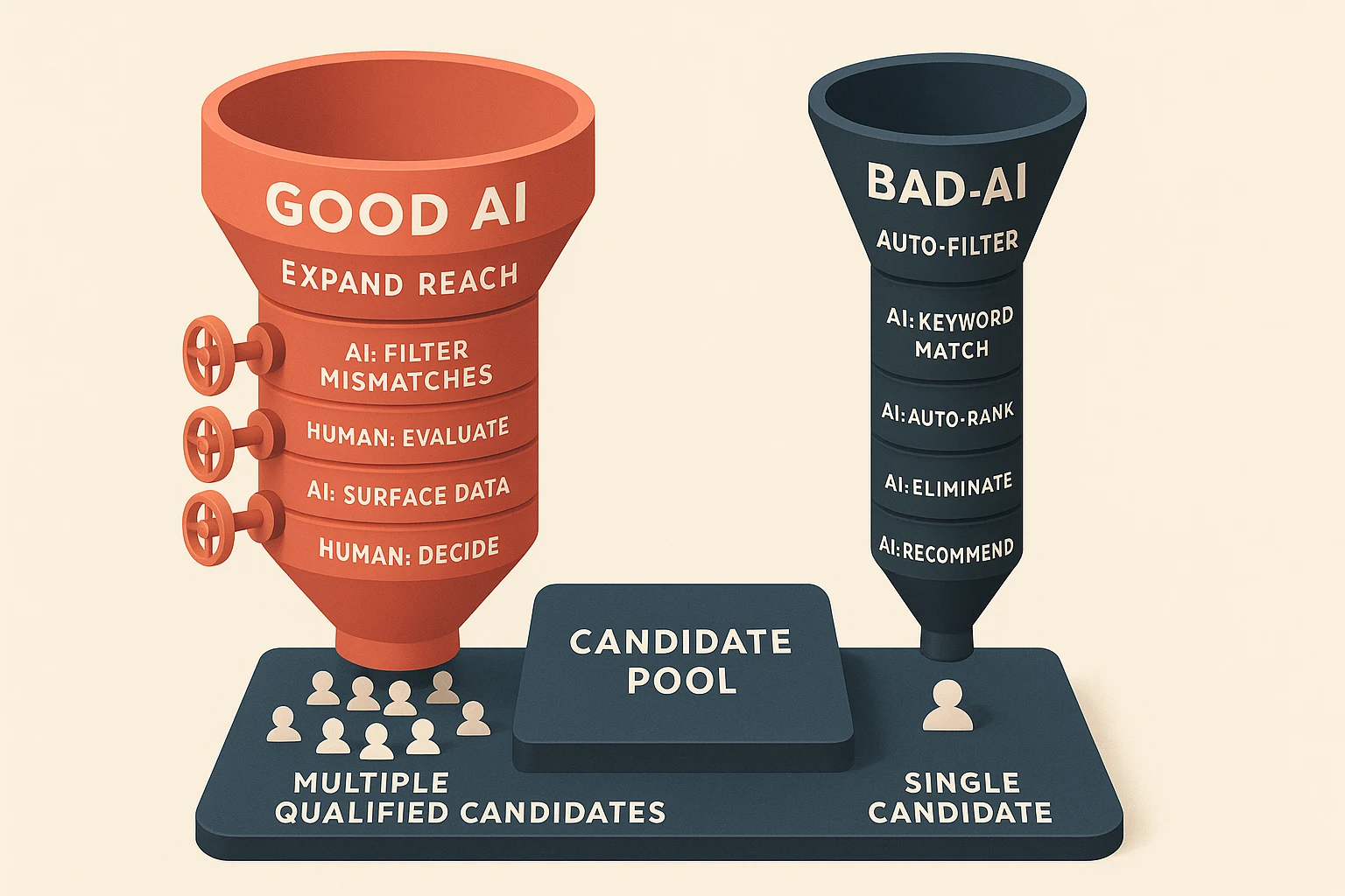 Balanced scales showing good AI tools that extend human judgment versus bad AI tools that replace human decision-making in hiring