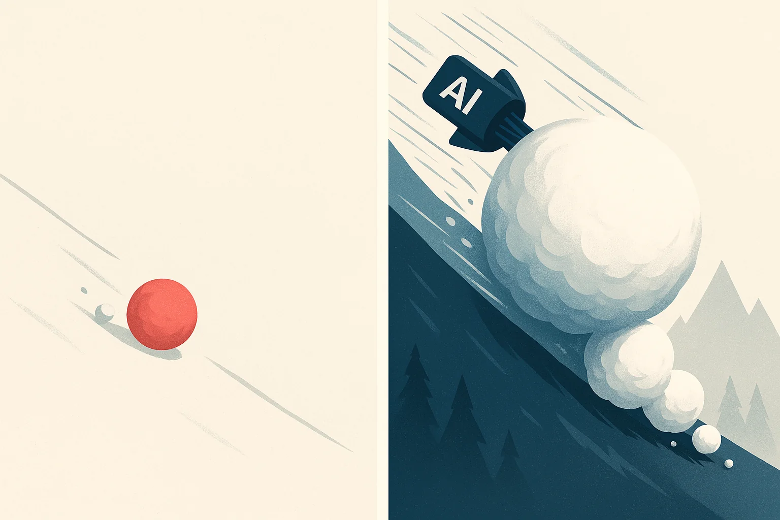 Snowball rolling downhill growing larger representing how automating broken hiring processes with AI accelerates problems rather than fixing them