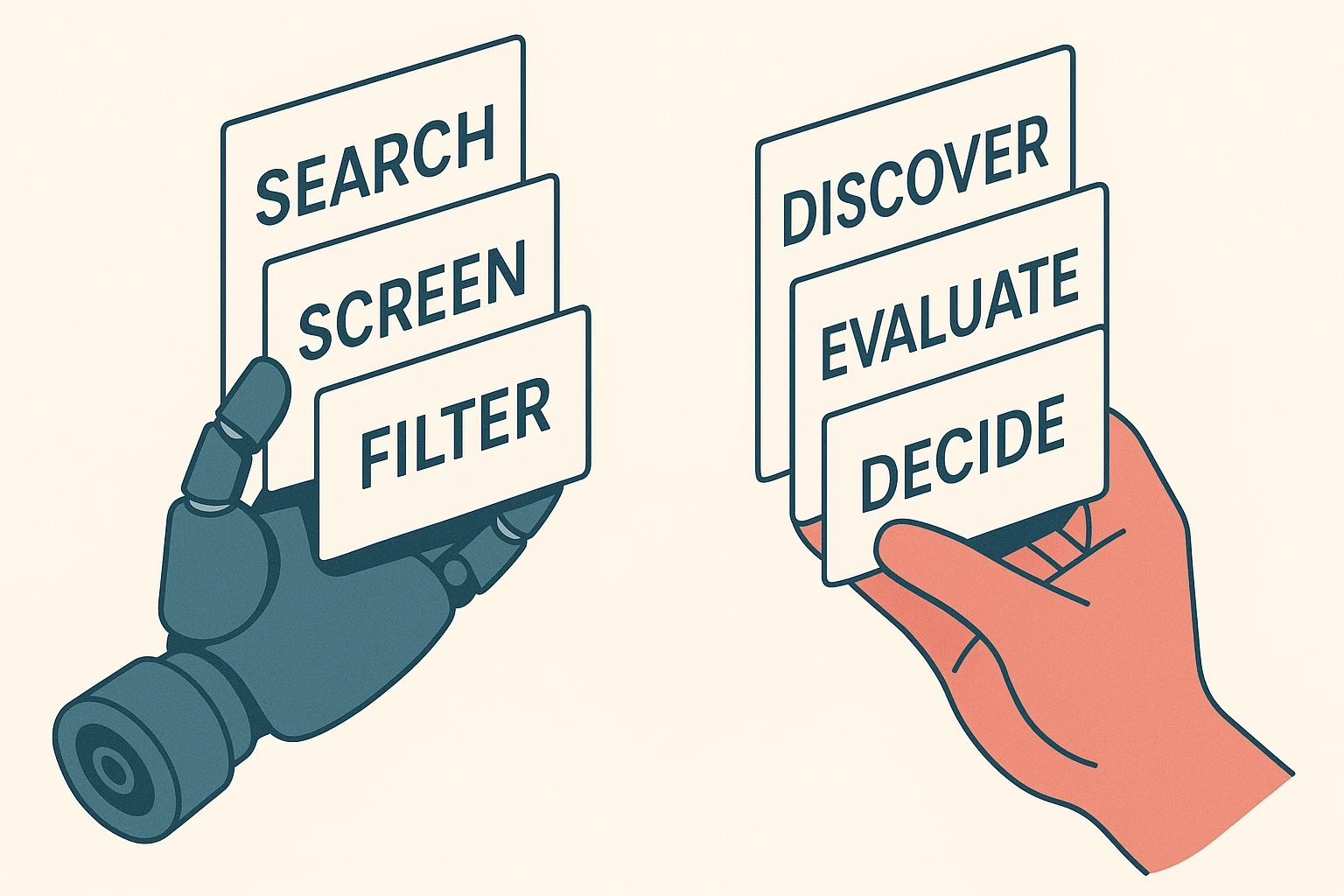 Simple illustration of two hands working together symbolizing the partnership between AI automation and human judgment in hiring