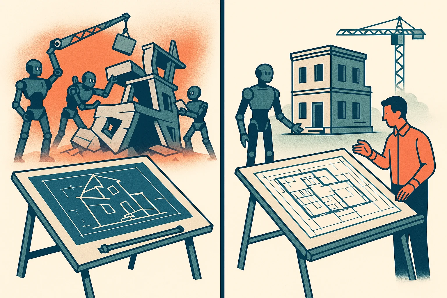 Architectural blueprints and foundation diagrams showing the importance of establishing correct hiring first principles before applying AI automation