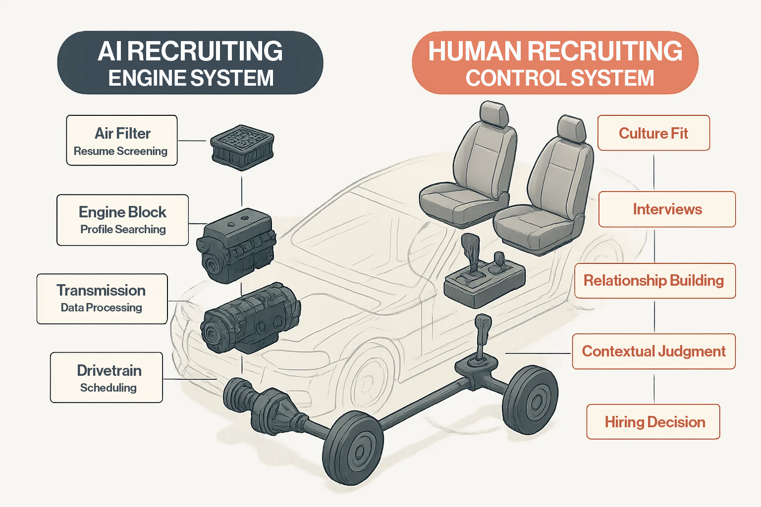 Exploded diagram of car engine and steering system showing AI as the engine providing tireless power while humans provide steering and judgment in recruitment