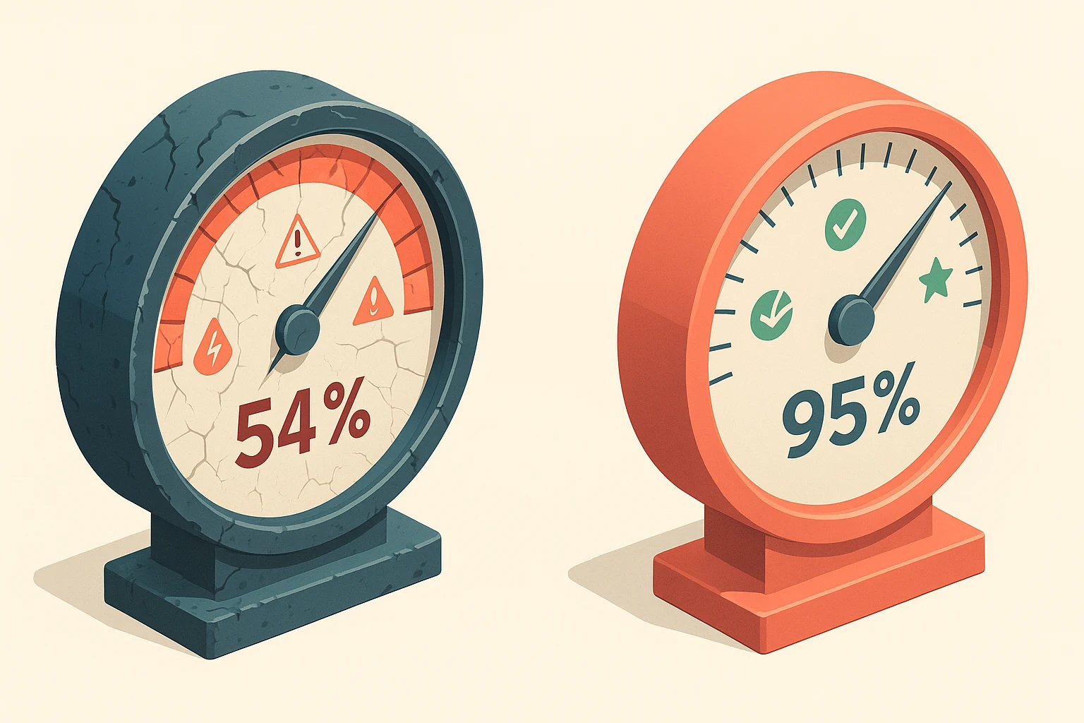 Minimalist dashboard gauges showing the stark contrast between 54% retention with rushed AI hiring versus 95% retention with discovery-led approach
