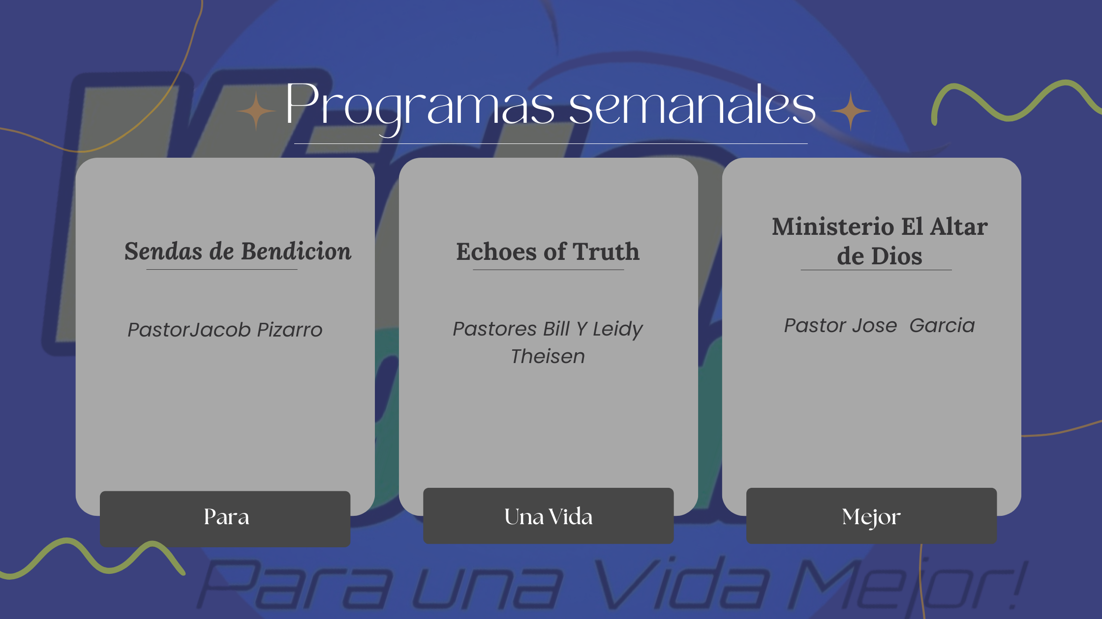 1. Sendas de Bendicion, Rev. Jacob Pizarro
2. Echoes of Truth, Pastores Bill Y Leidy Theisen
3. Ministerio El Altar de Dios, Pastor Jose Antonio Garcia
