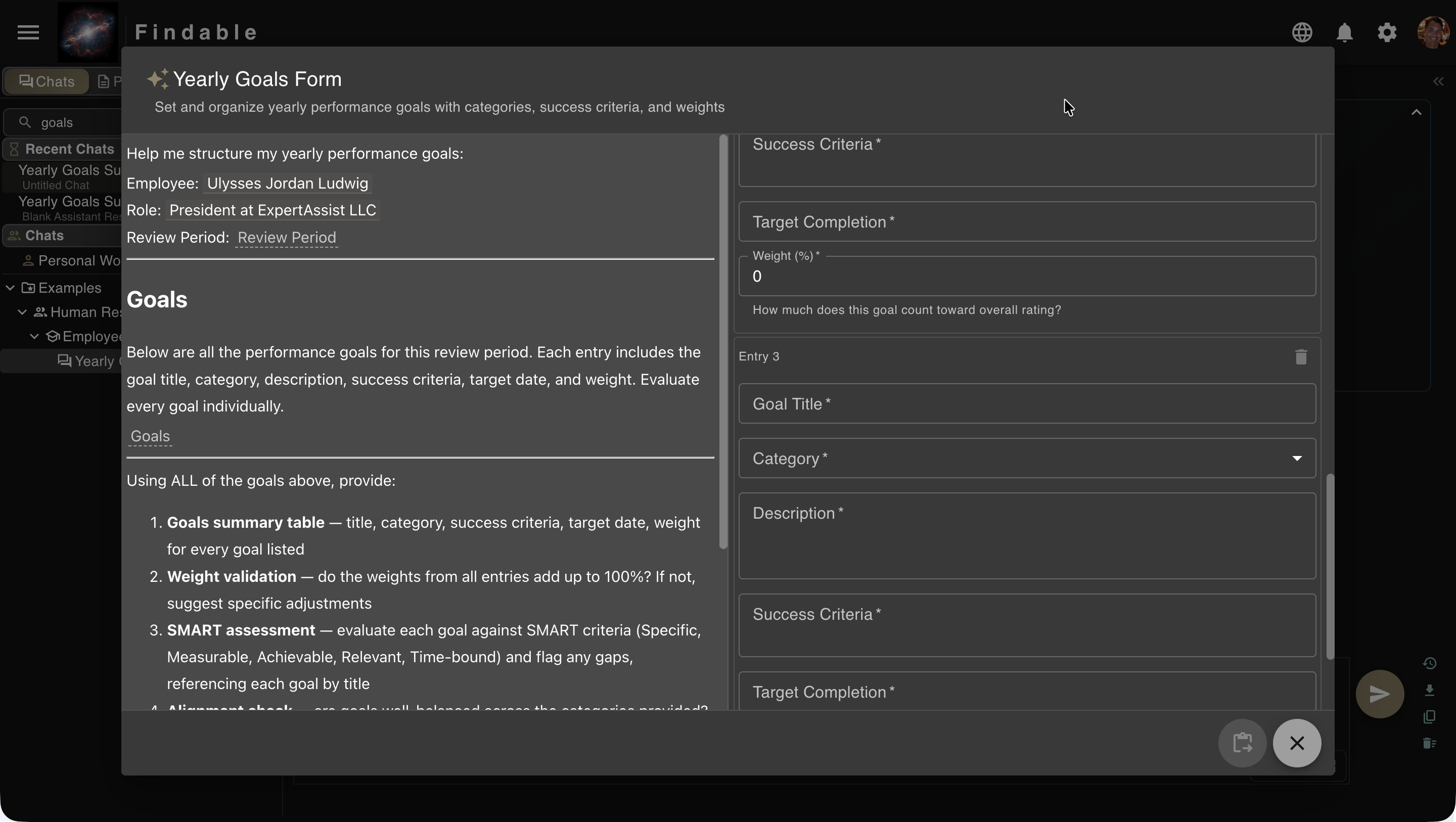 Findable AI Goals Form - Interactive form for tracking employee goals with AI assistance