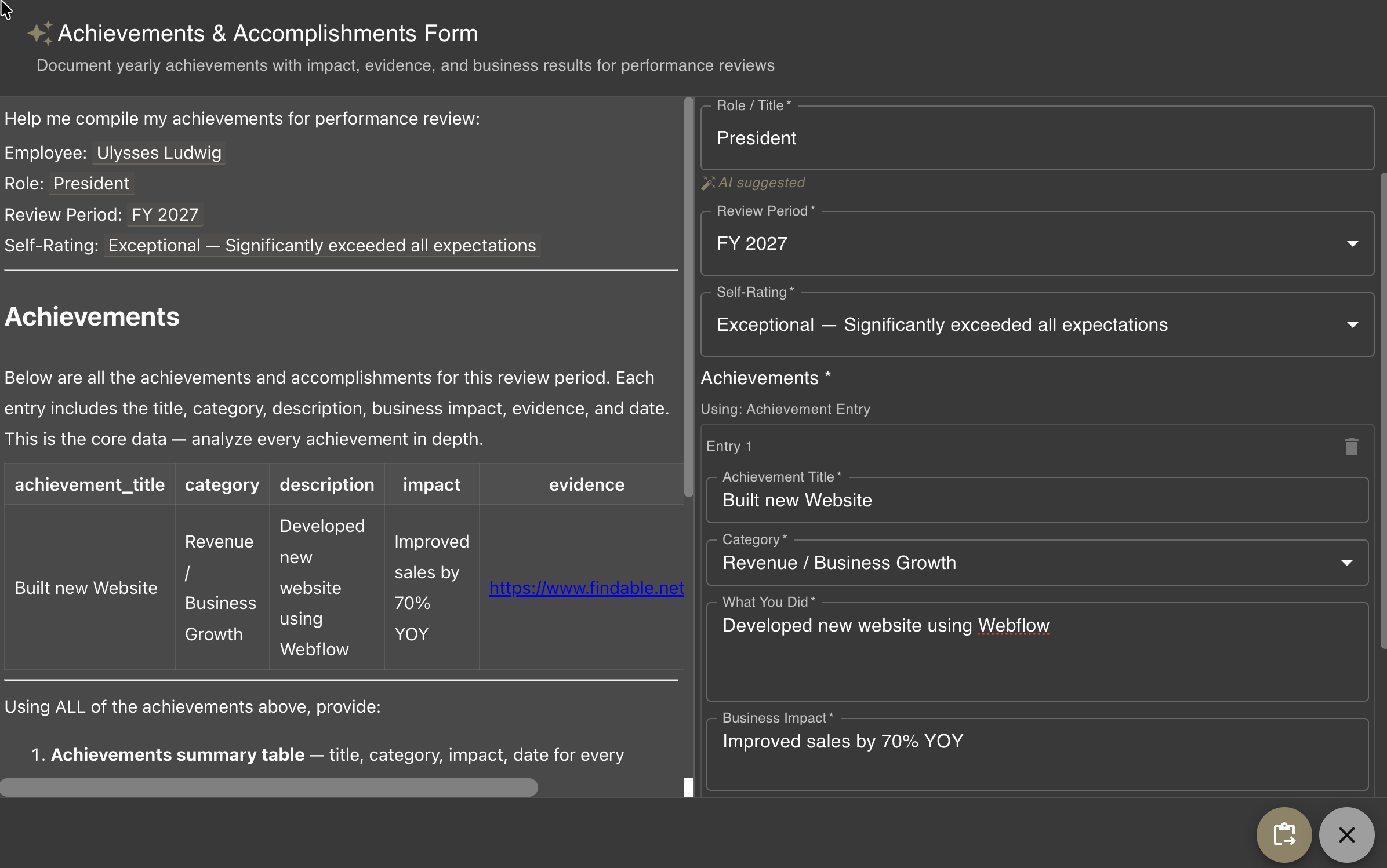 Findable Achievements Form with tables and structured data