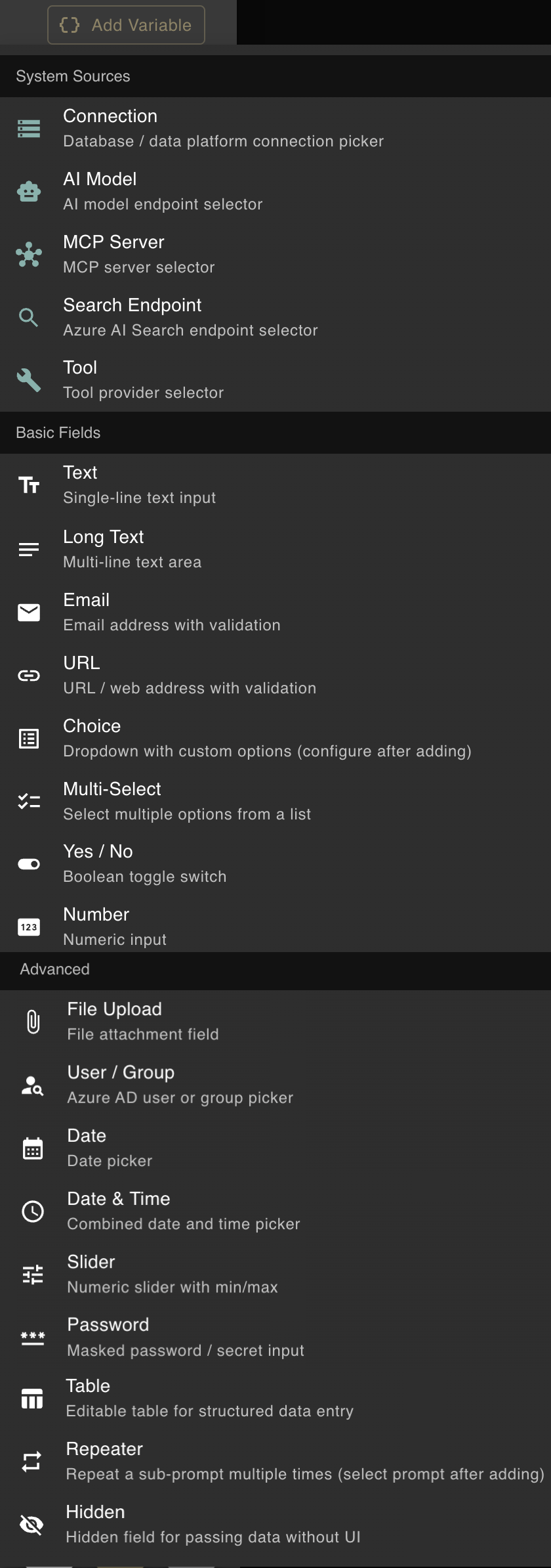 Add Variable panel showing all available field types including text, select, slider, tables, and more