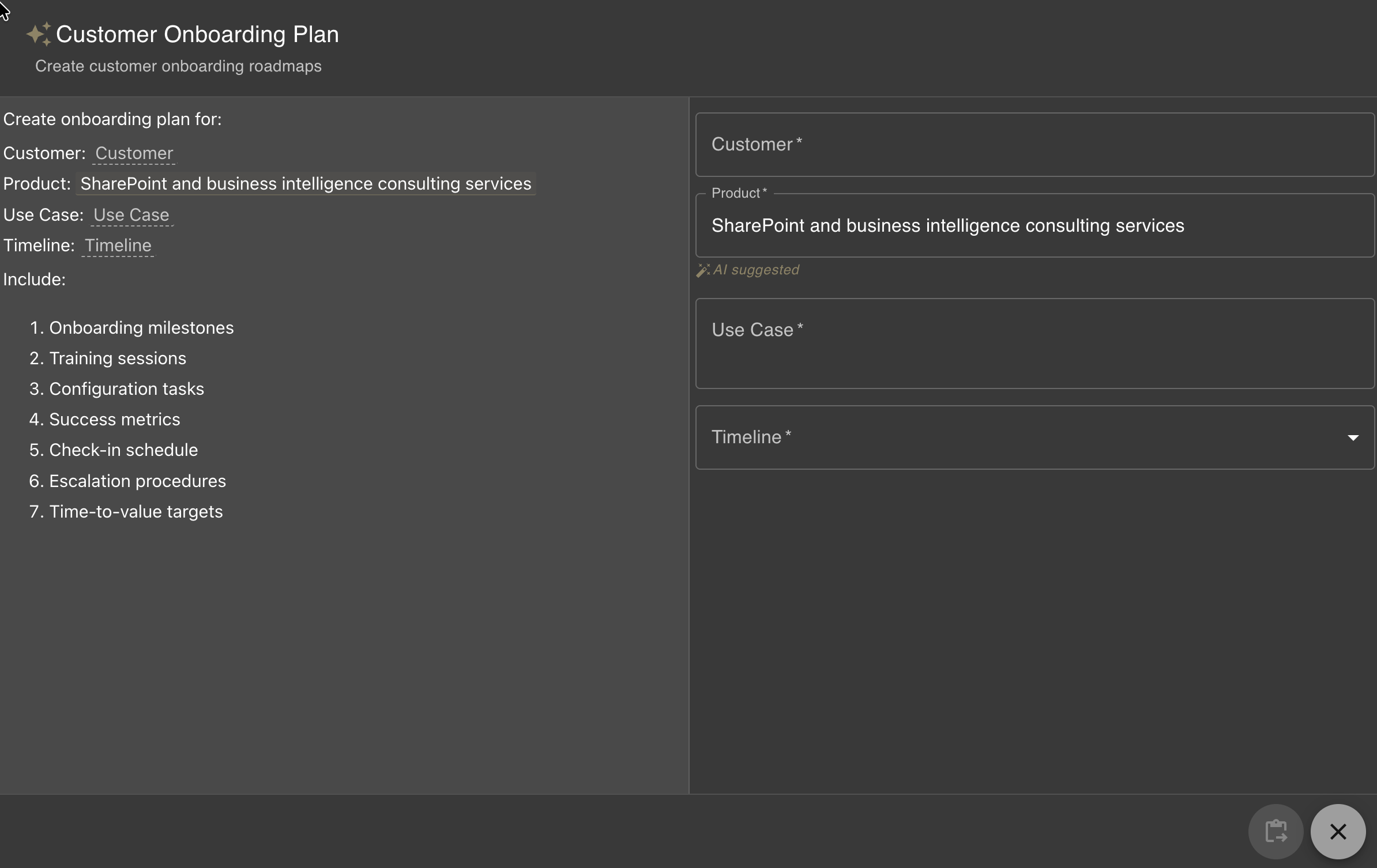 Customer Onboarding Plan form example showing AI Forms in action